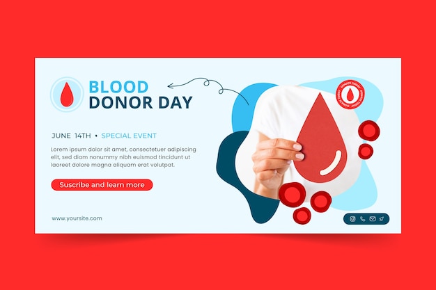 Vecteur gratuit modèle de bannière horizontale plate pour la sensibilisation à la journée mondiale du donneur de sang