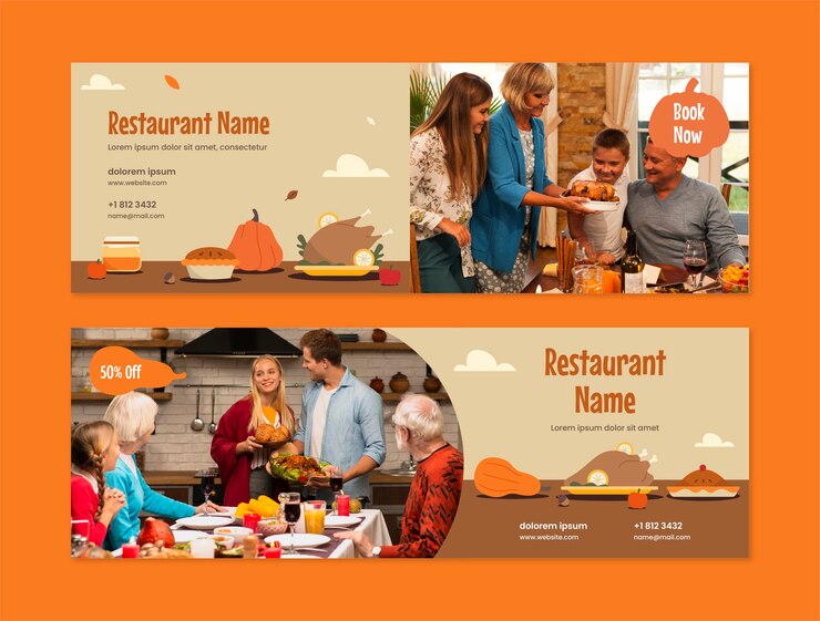 Vecteur gratuit modèle de bannière horizontale plate pour thanksgiving avec citrouille et dinde