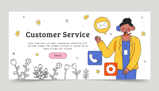 Vecteur gratuit modèle de bannière horizontale de la semaine du service client dessiné à la main