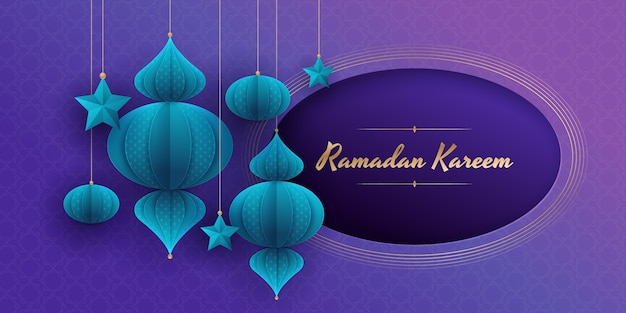 Vecteur gratuit modèle de bannière horizontale de style papier pour la célébration du ramadan