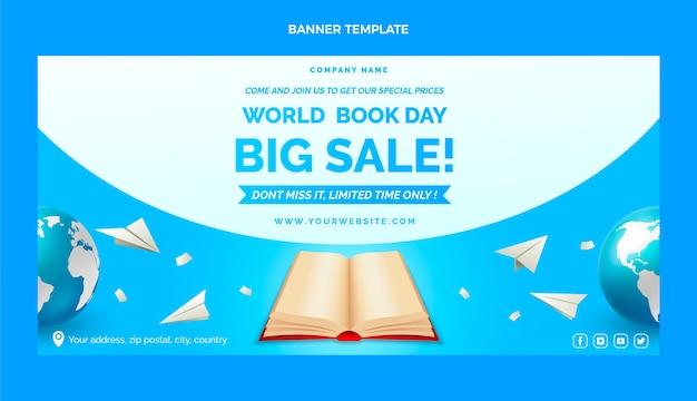 Vecteur gratuit modèle de bannière horizontale de vente de la journée mondiale du livre réaliste