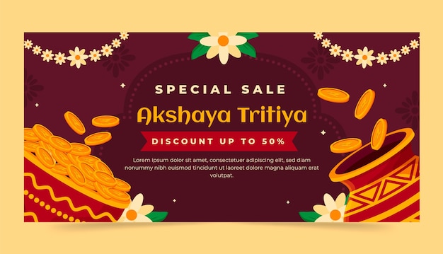 Vecteur gratuit modèle de bannière horizontale de vente plat akshaya tritiya