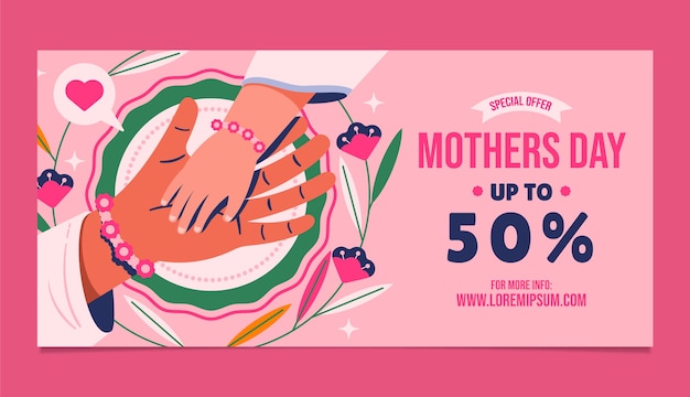 Vecteur gratuit modèle de bannière horizontale de vente plat fête des mères