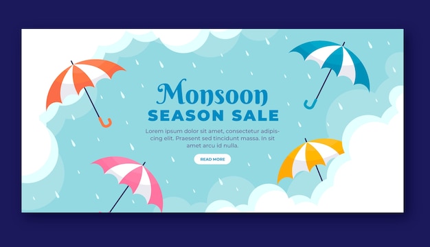 Vecteur gratuit modèle de bannière horizontale de vente de saison de mousson plat avec parapluies