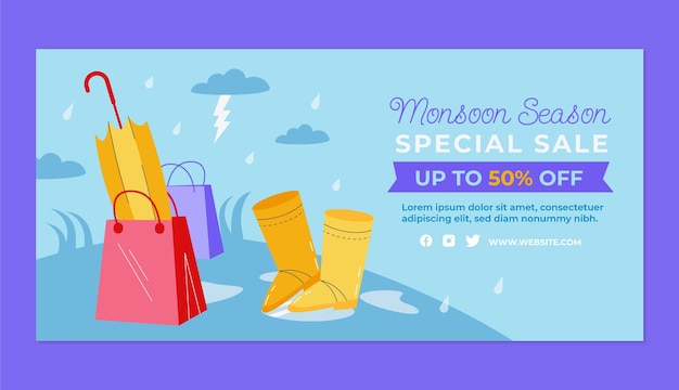 Vecteur gratuit modèle de bannière horizontale de vente de saison de mousson plate avec parapluie et bottes