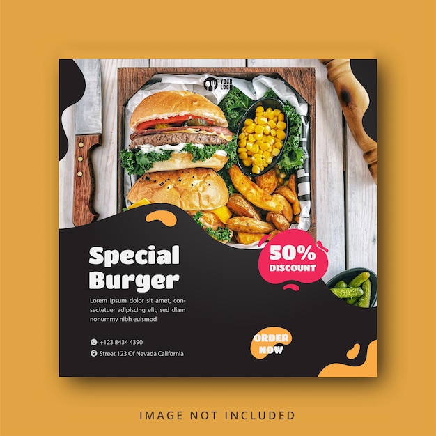 Modèle de bannière de médias sociaux de délicieux burger et menu alimentaire