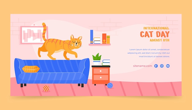 Vecteur gratuit modèle de bannière plate pour la célébration de la journée internationale du chat