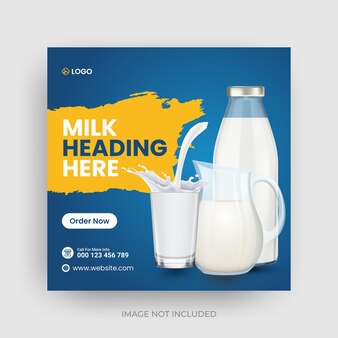 Modèle de bannière de publication de médias sociaux de produit laitier frais ou dépliant carré de vente de lait