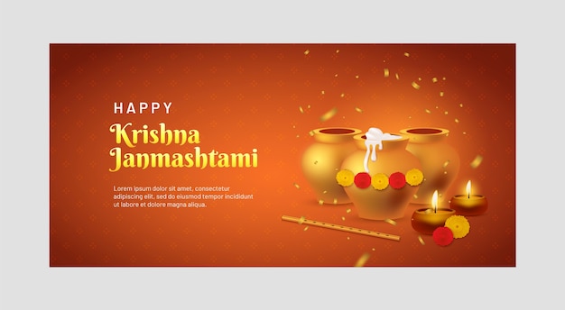 Vecteur gratuit modèle de bannière réaliste pour la célébration de janmashtami