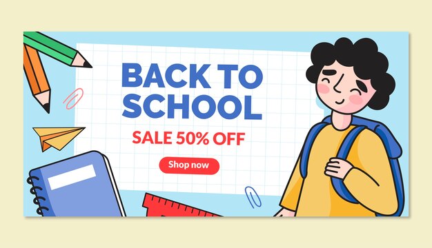 Modèle de bannière de vente dessiné à la main pour la rentrée scolaire