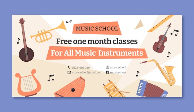 Vecteur gratuit modèle de bannière de vente d'école de musique dessiné à la main