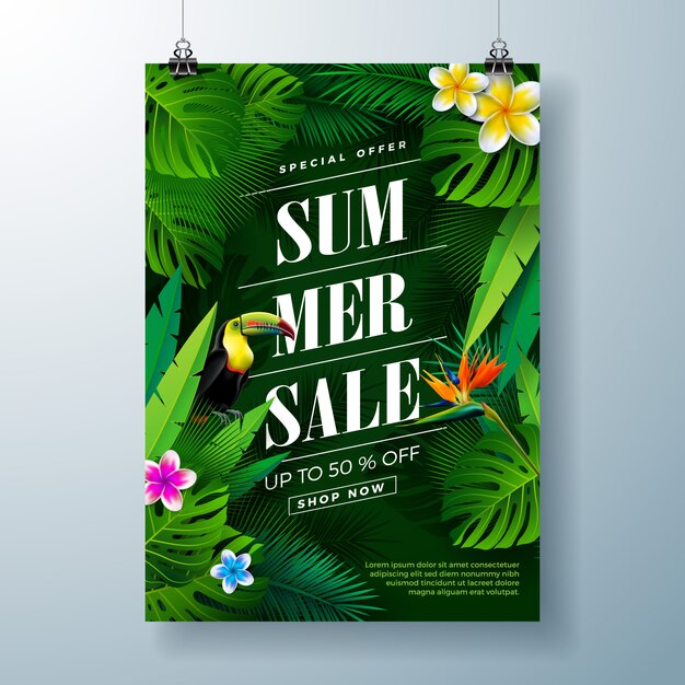 Modèle de bannière de vente d&#39;été avec fleur, oiseau Toucan et feuilles exotiques