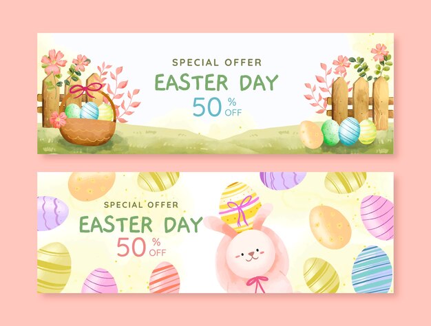 Modèle de bannière de vente horizontale de célébration de pâques aquarelle