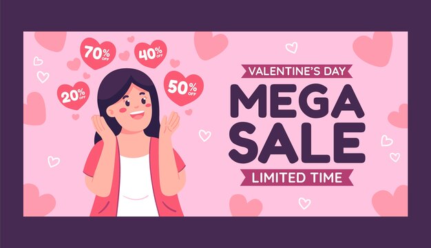 Modèle de bannière de vente horizontale de célébration de la saint valentin plat