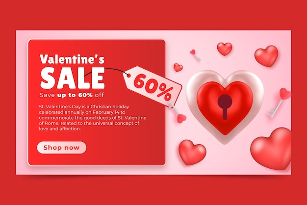 Vecteur gratuit modèle de bannière de vente horizontale de célébration de la saint-valentin réaliste