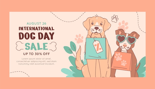 Vecteur gratuit modèle de bannière de vente horizontale dessinée à la main pour la célébration de la journée internationale du chien