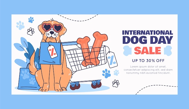 Vecteur gratuit modèle de bannière de vente horizontale dessinée à la main pour la célébration de la journée internationale du chien