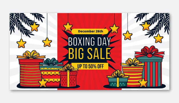 Vecteur gratuit modèle de bannière de vente horizontale de jour de boxe dessiné à la main