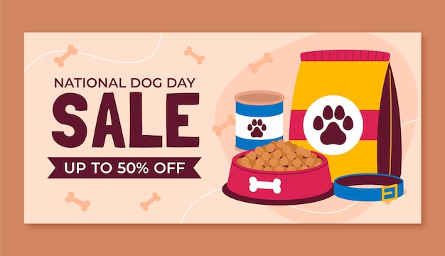 Vecteur gratuit modèle de bannière de vente horizontale plate pour la célébration de la journée internationale du chien