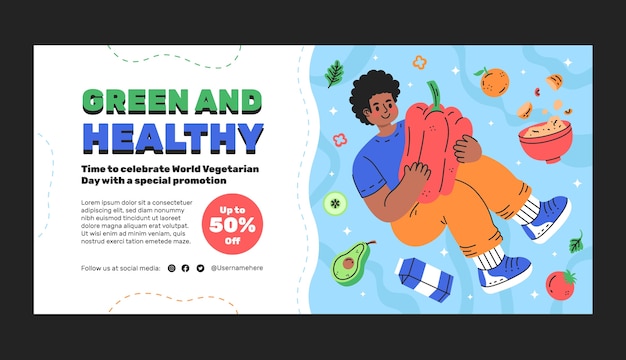 Vecteur gratuit modèle de bannière de vente horizontale plate pour la célébration de la journée mondiale végétarienne