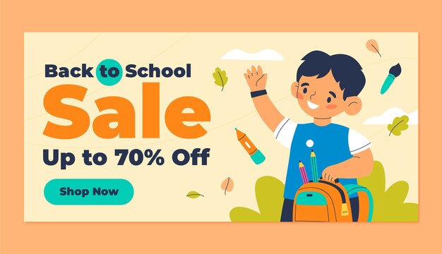 Modèle de bannière de vente horizontale plate pour la rentrée scolaire