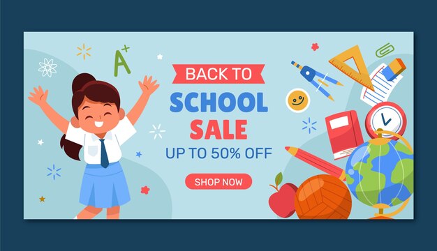 Modèle de bannière de vente horizontale plate pour la rentrée scolaire