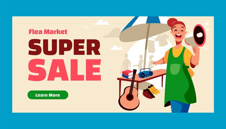 Vecteur gratuit modèle de bannière de vente de marché aux puces plat d'occasion