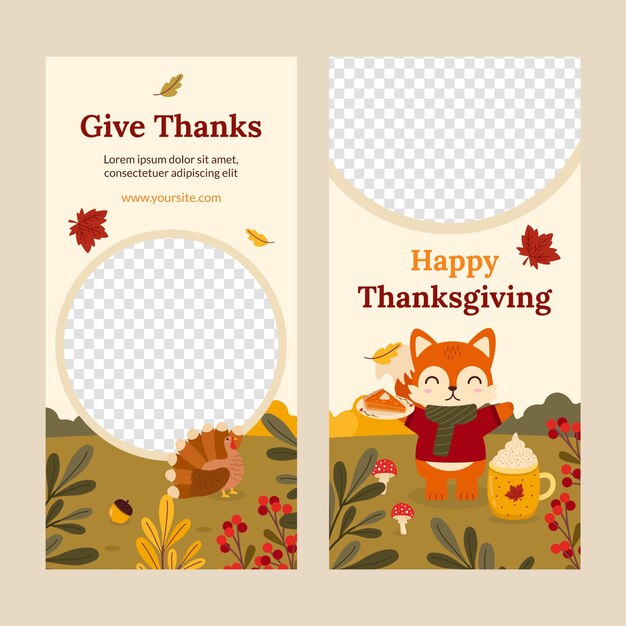 Modèle de bannière verticale plate pour Thanksgiving avec dinde et renard