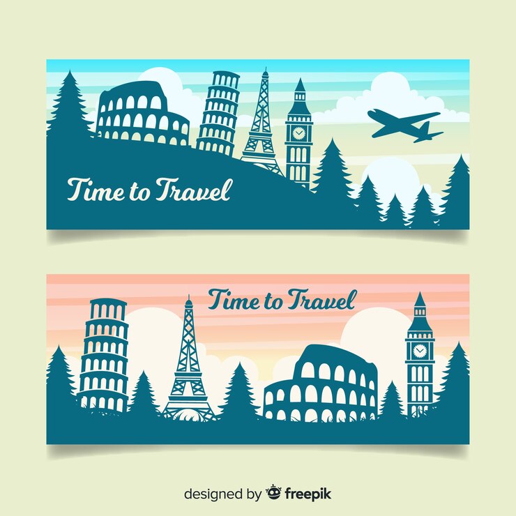 Vecteur gratuit modèle de bannière de voyage plat