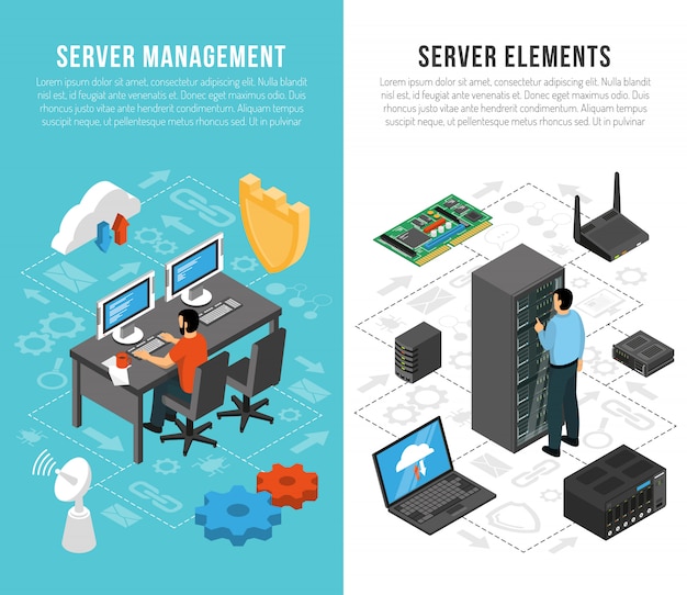 Vecteur gratuit modèle de bannières verticales isométriques du centre de données