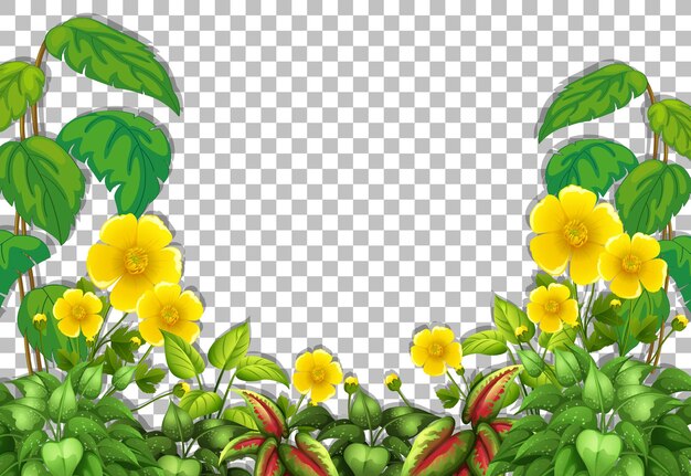 Modèle de cadre fleur jaune et feuilles tropicales sur fond transparent