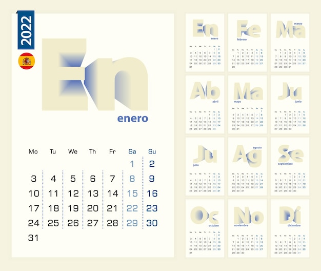 Modèle de calendrier 2022 en langue espagnole, calendrier minimaliste pour l'année 2022.
