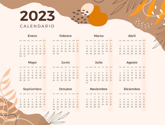 Vecteur gratuit modèle de calendrier 2023 dessiné à la main en espagnol