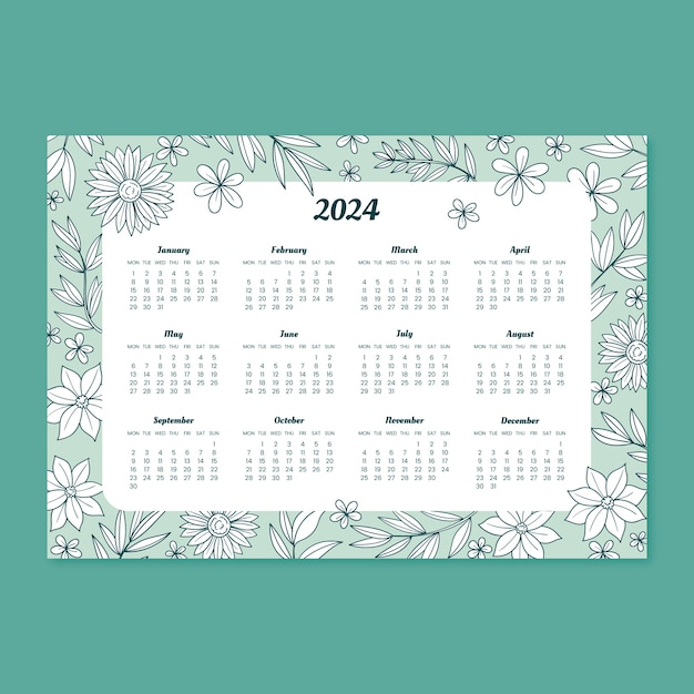 Vecteur gratuit modèle de calendrier 2024 dessiné à la main avec des feuilles et des fleurs