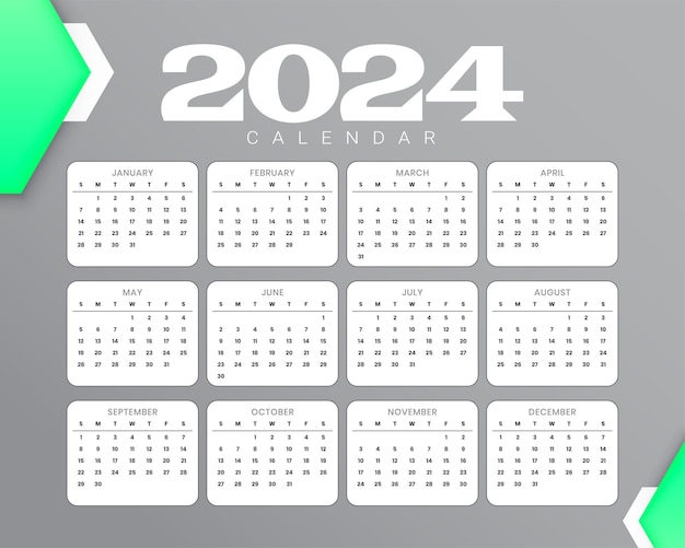 Modèle De Calendrier Anglais Annuel 2024 Pour Vecteur De Planificateur Organisateur