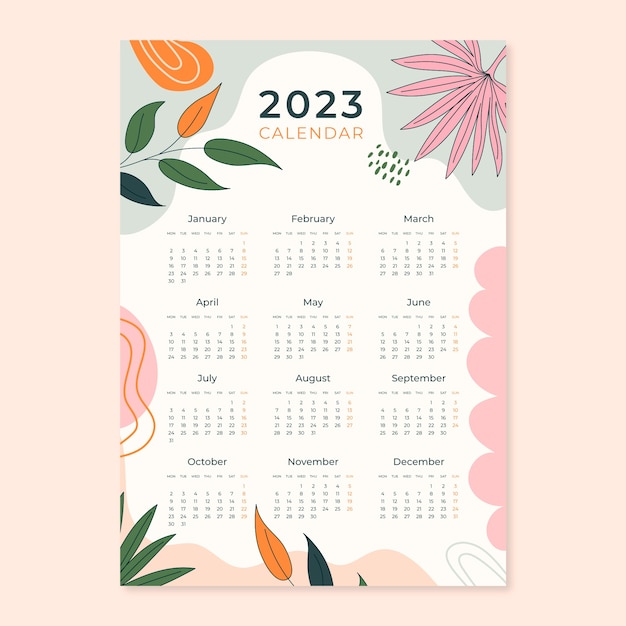 Vecteur gratuit modèle de calendrier annuel 2023 dessiné à la main