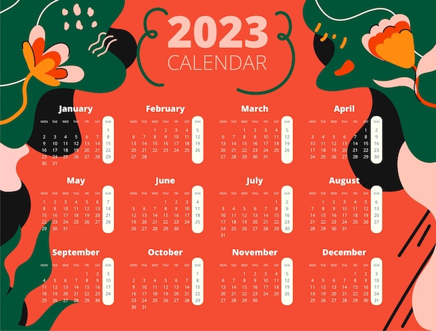 Modèle De Calendrier Annuel 2023 Dessiné à La Main