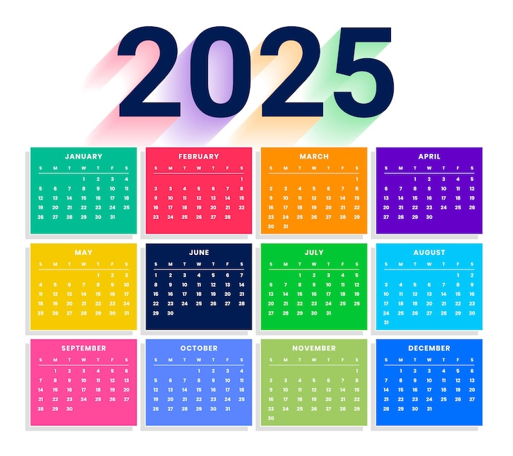 Vecteur gratuit modèle de calendrier annuel coloré 2025 pour le bureau de bureau