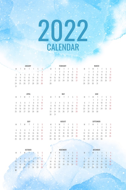 Modèle de calendrier aquarelle 2022