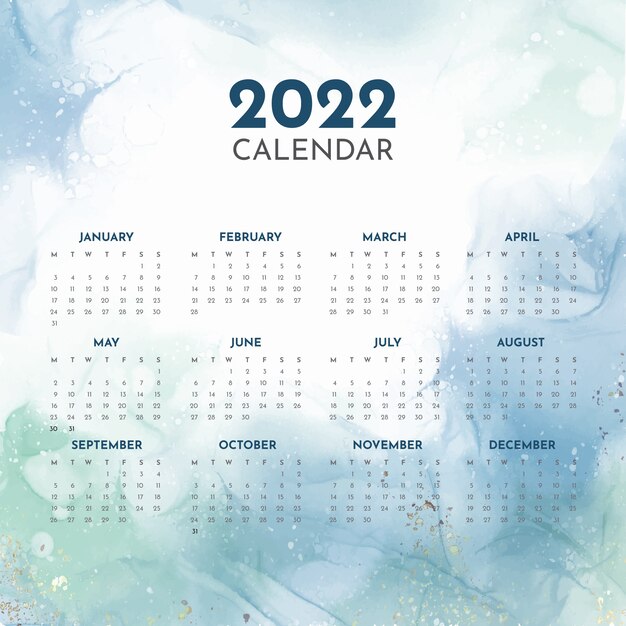 Modèle de calendrier aquarelle 2022