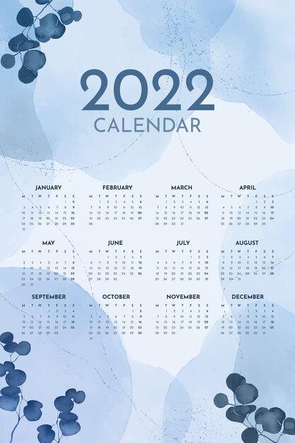 Modèle de calendrier aquarelle 2022
