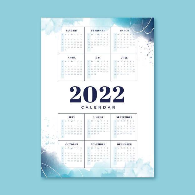 Modèle de calendrier aquarelle 2022