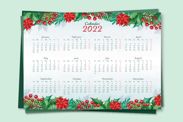 Vecteur gratuit modèle de calendrier aquarelle 2022