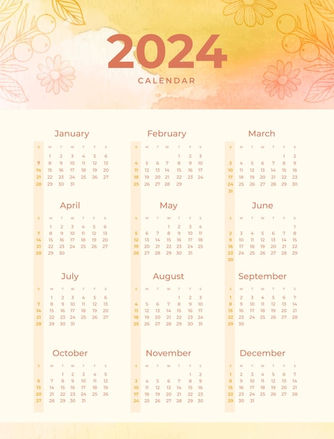 Modèle de calendrier aquarelle 2024