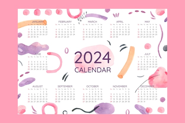 Vecteur gratuit modèle de calendrier aquarelle 2024