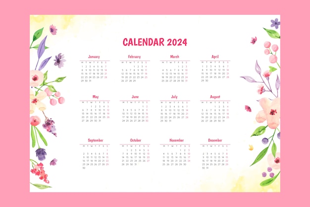 Vecteur gratuit modèle de calendrier aquarelle 2024