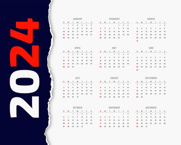 Vecteur gratuit modèle de calendrier de bonne année 2024 en vecteur de style de page déchirée