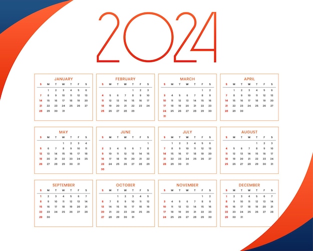 Vecteur gratuit modèle de calendrier de bureau moderne 2024 calendrier des tâches ou des événements vecteur