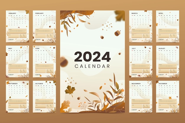 Vecteur gratuit modèle de calendrier dégradé 2024 avec végétation