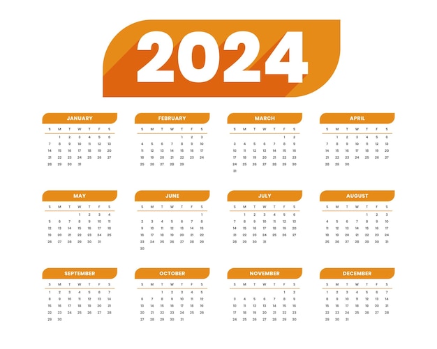 Vecteur gratuit modèle de calendrier du nouvel an 2024 avec vecteur de conception de semaines et de jours